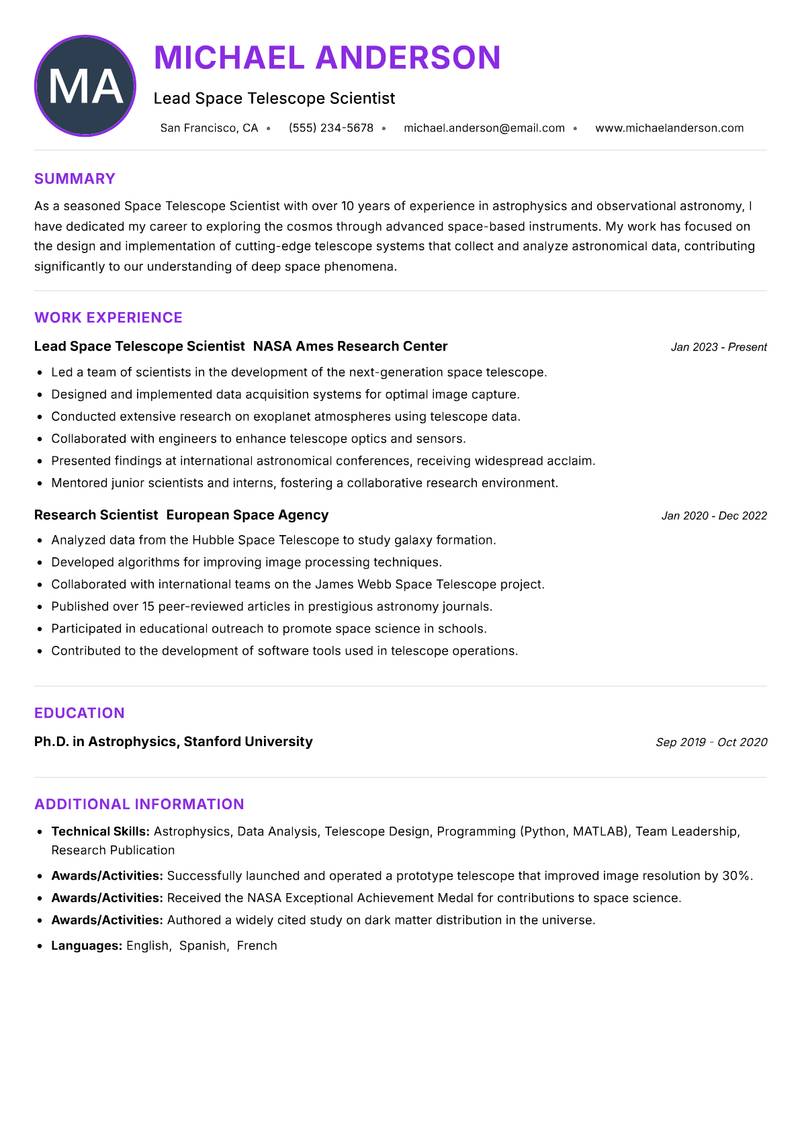 Space Telescope Scientist resume example — ATS-friendly template