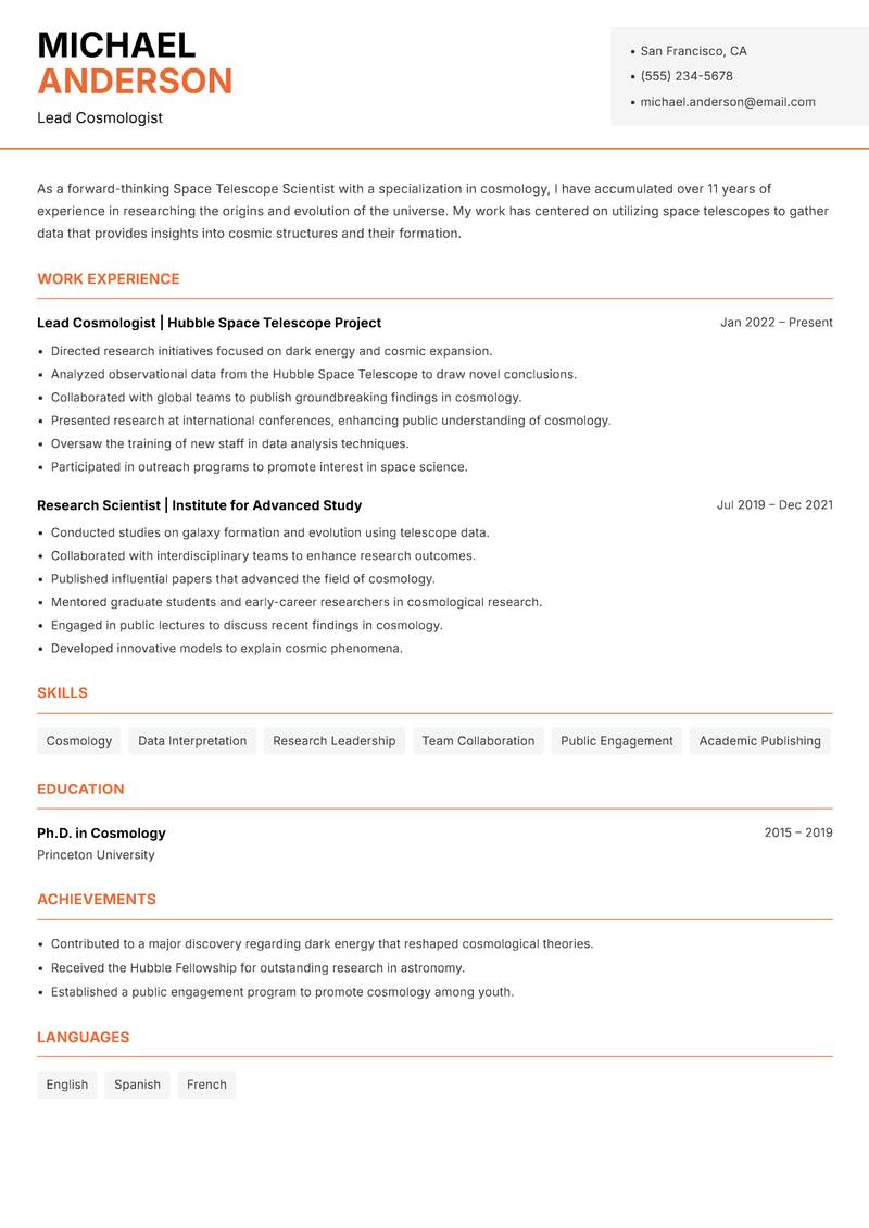 Space Telescope Scientist resume template — Modern Professional