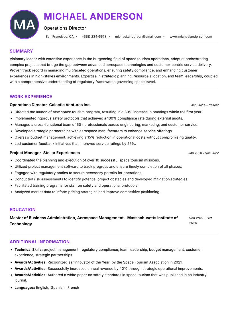 Space Tourism Operations Manager resume example — ATS-friendly template