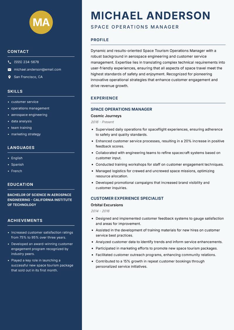 Space Tourism Operations Manager resume template — Classic Clean