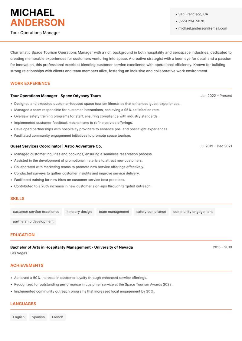 Space Tourism Operations Manager resume template — Modern Professional