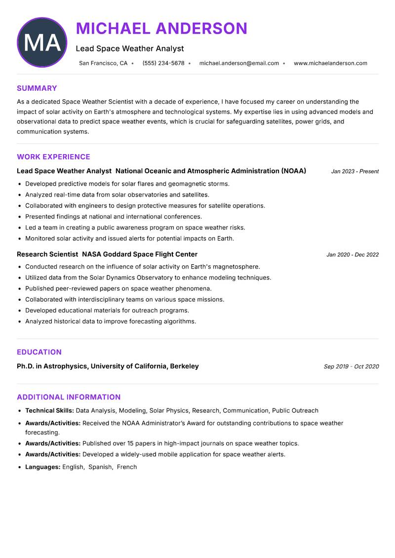 Space Weather Scientist resume example — ATS-friendly template