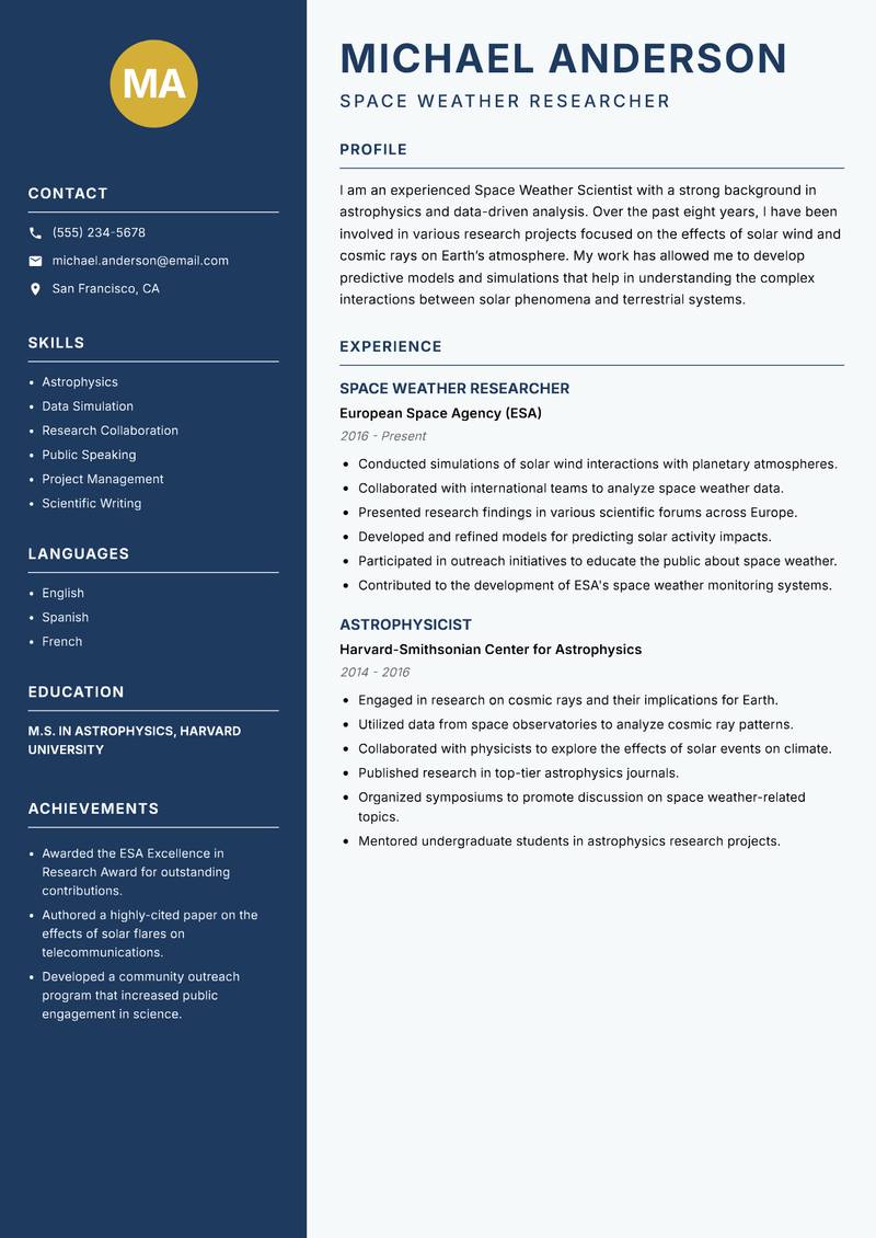 Space Weather Scientist resume template — Classic Clean