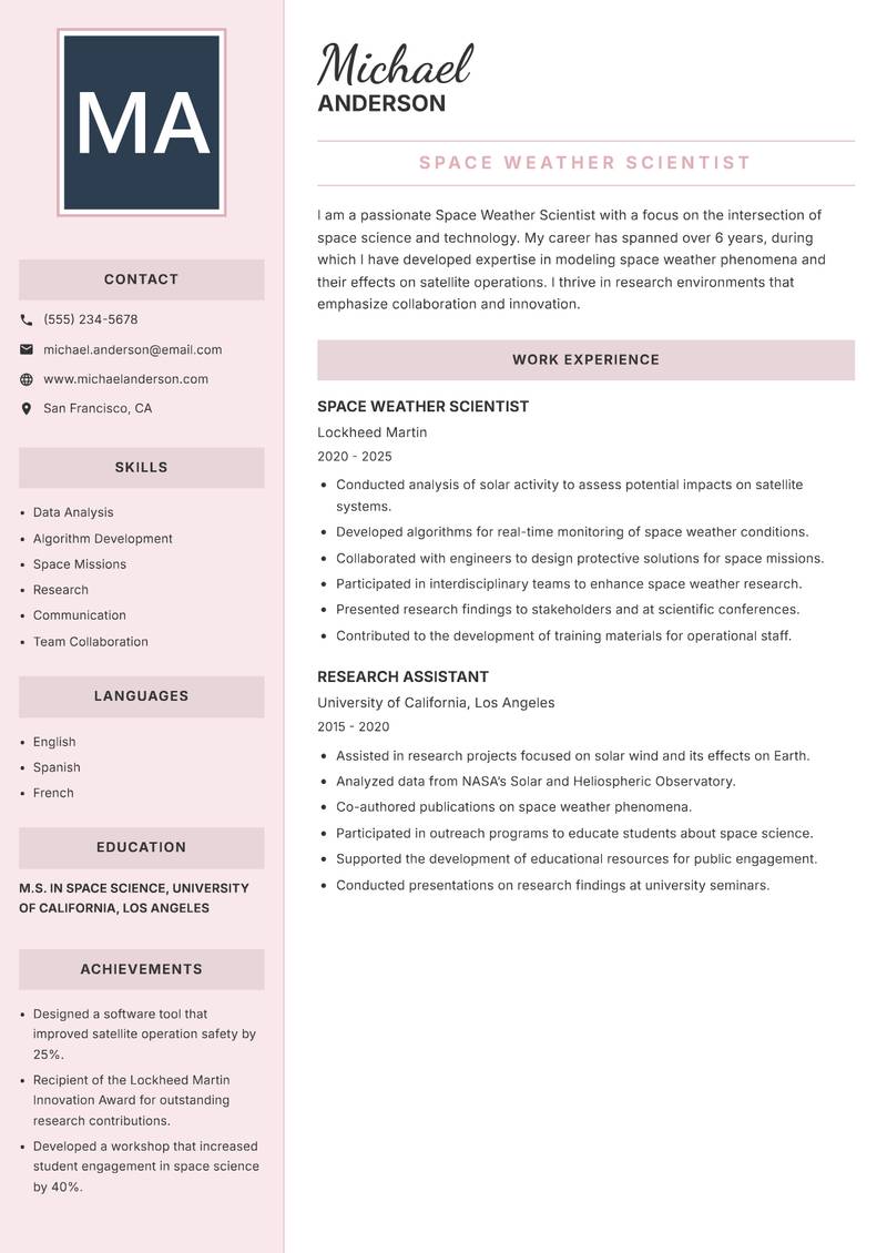 Space Weather Scientist resume template — Executive