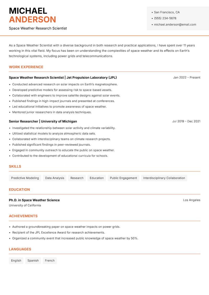 Space Weather Scientist resume template — Modern Professional