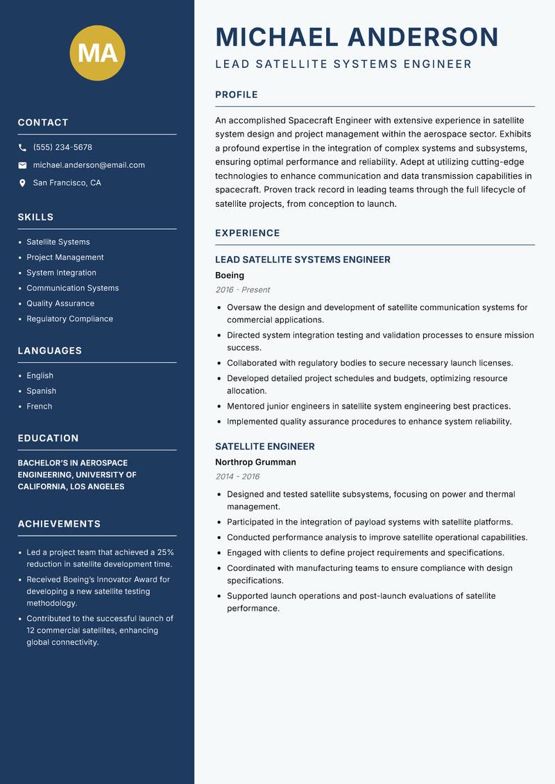 Spacecraft Engineer resume template — Classic Clean