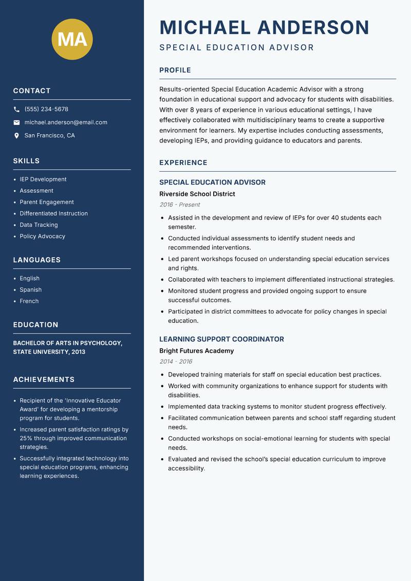 Special Education Academic Advisor resume template — Classic Clean