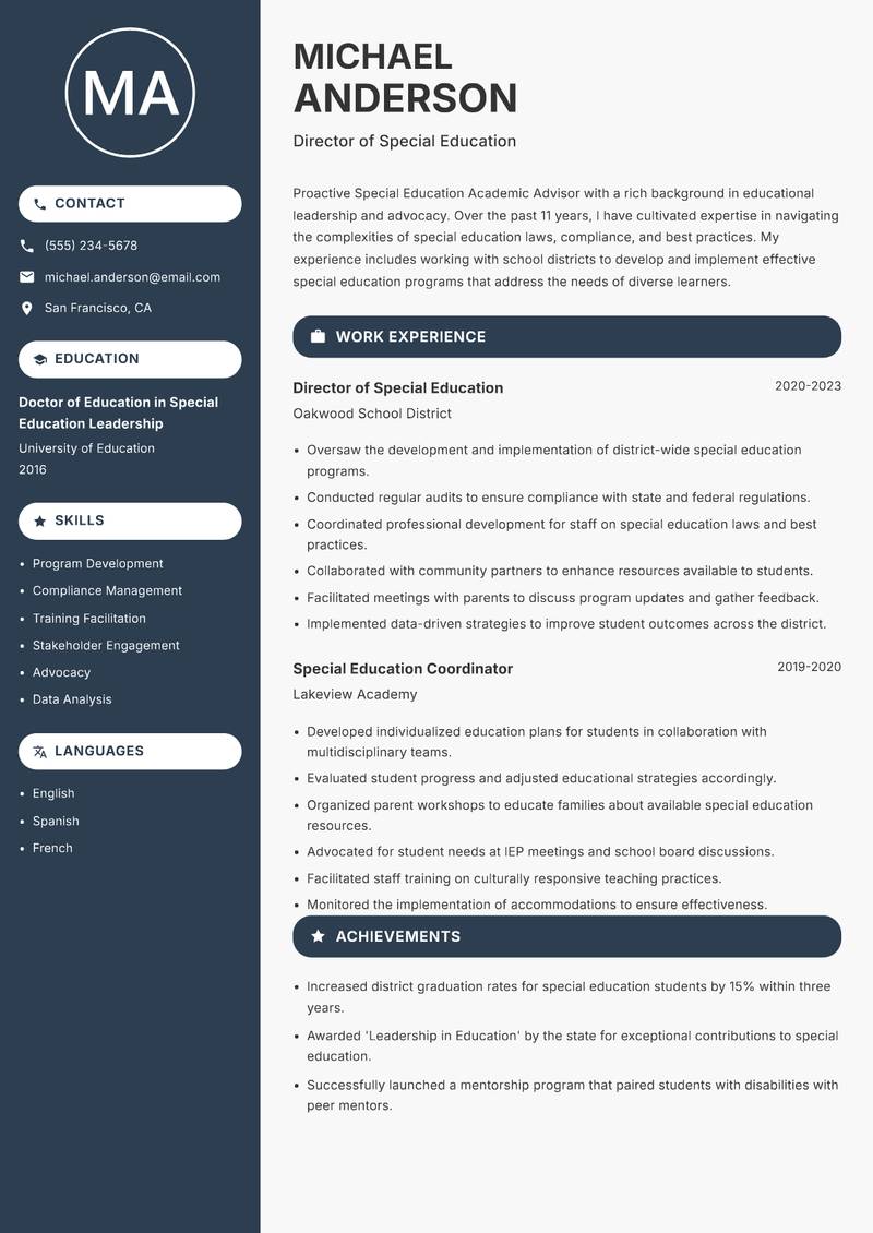 Special Education Academic Advisor resume template — Compact