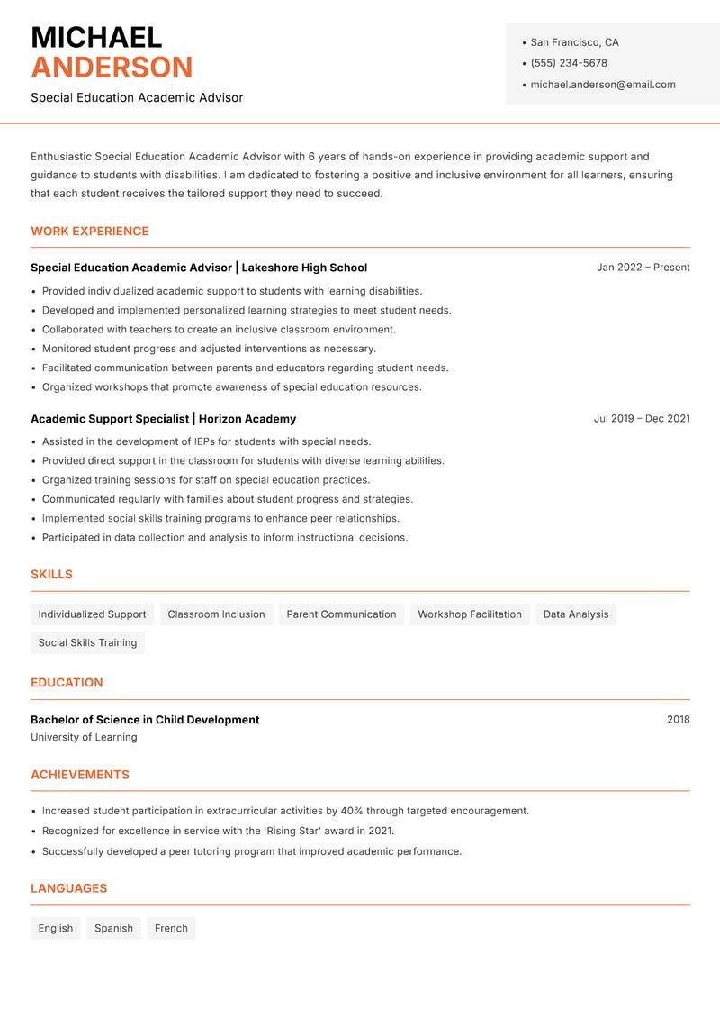 Special Education Academic Advisor resume template — Modern Professional