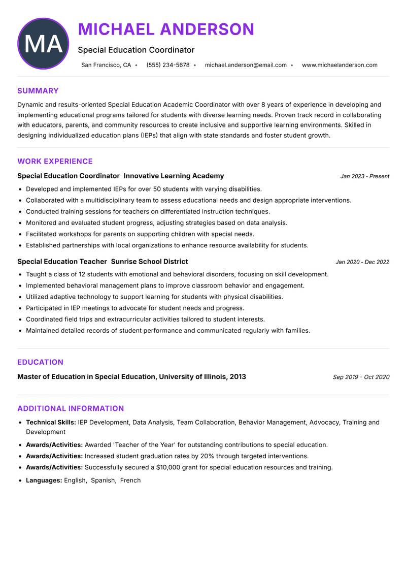 Special Education Academic Coordinator resume example — ATS-friendly template