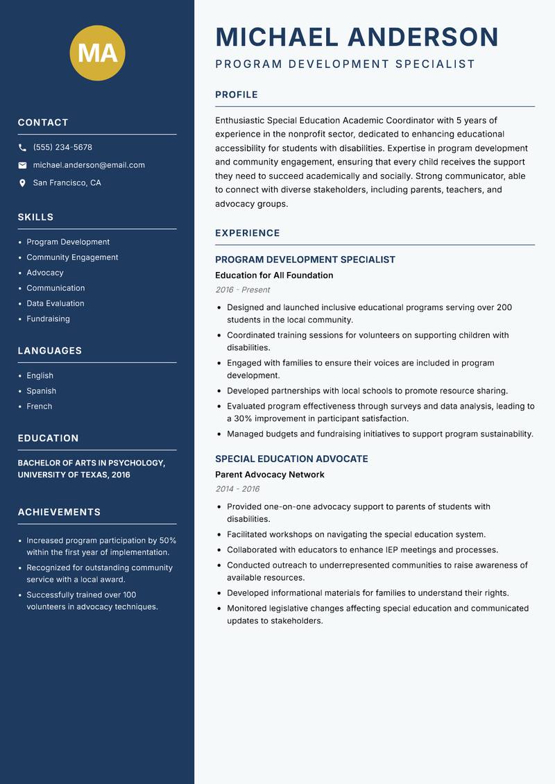Special Education Academic Coordinator resume template — Classic Clean