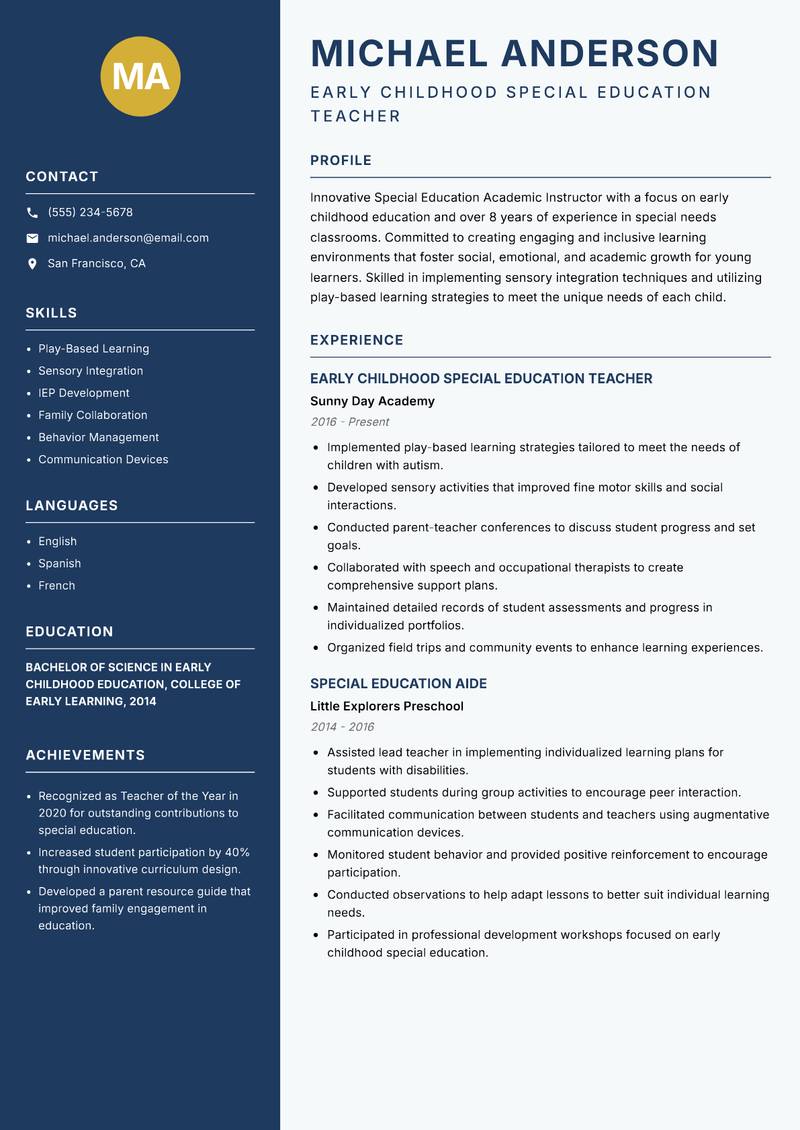 Special Education Academic Instructor resume template — Classic Clean