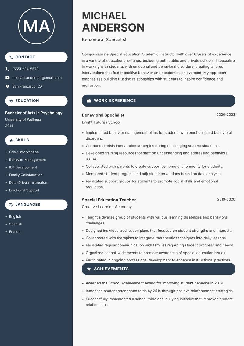 Special Education Academic Instructor resume template — Compact