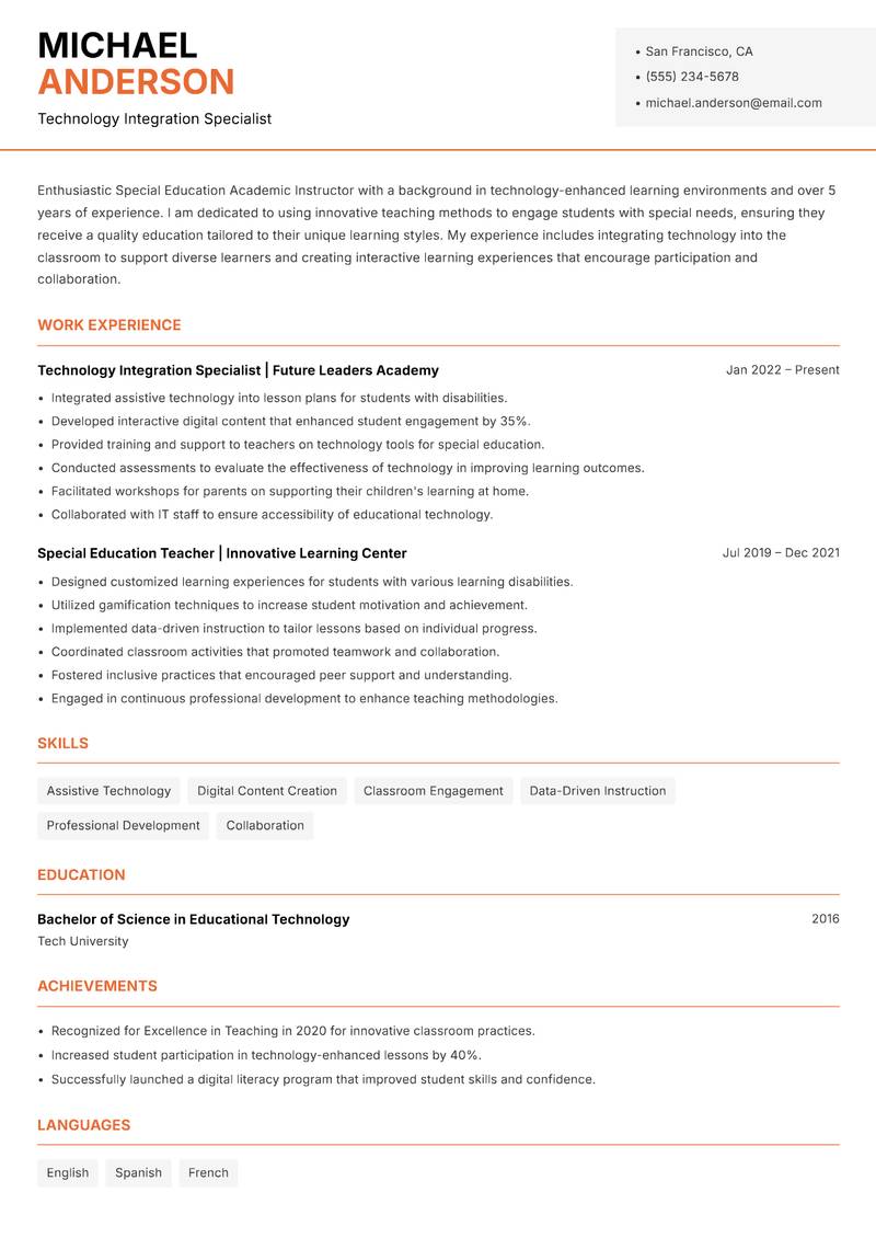 Special Education Academic Instructor resume template — Modern Professional