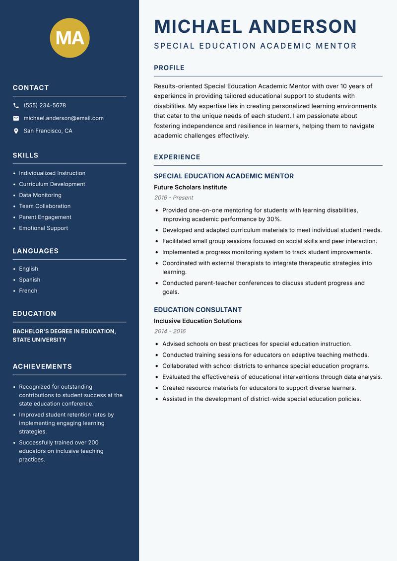 Special Education Academic Mentor resume template — Classic Clean