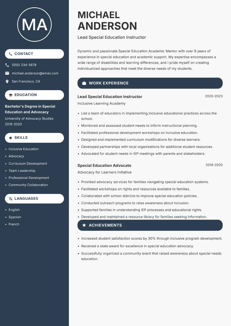Special Education Academic Mentor resume template — Compact