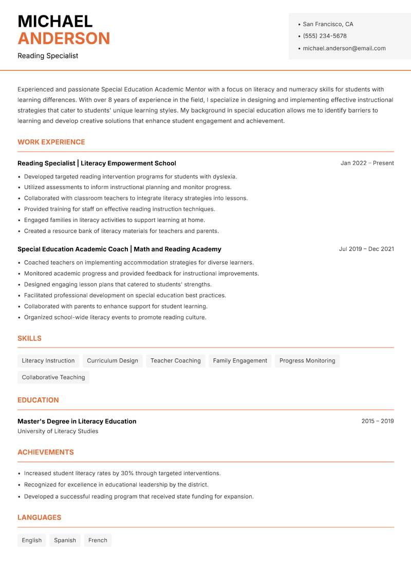 Special Education Academic Mentor resume template — Modern Professional