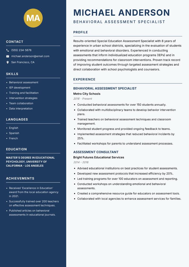 Special Education Assessment Specialist resume template — Classic Clean
