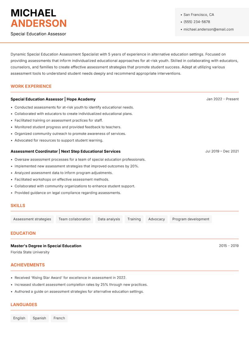 Special Education Assessment Specialist resume template — Modern Professional
