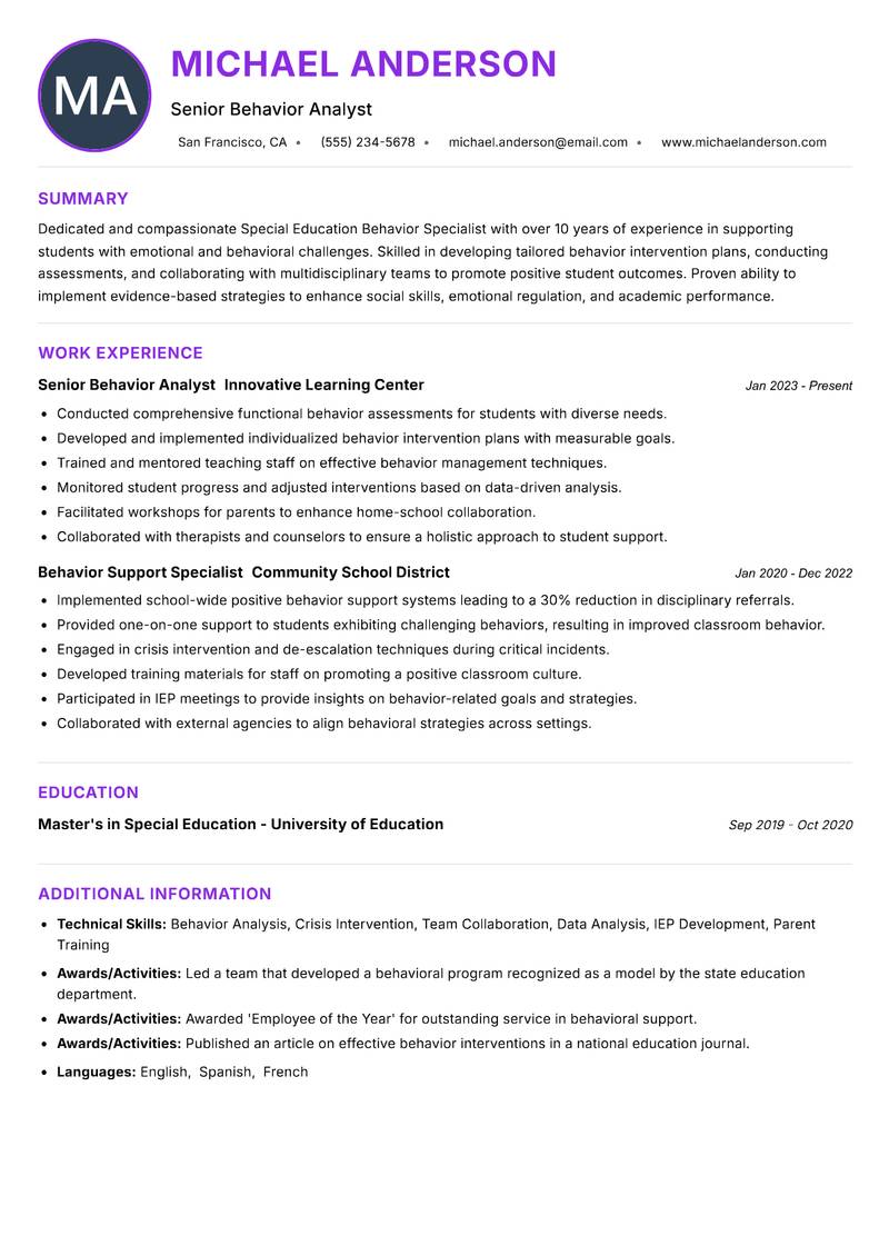 Special Education Behavior Specialist resume example — ATS-friendly template