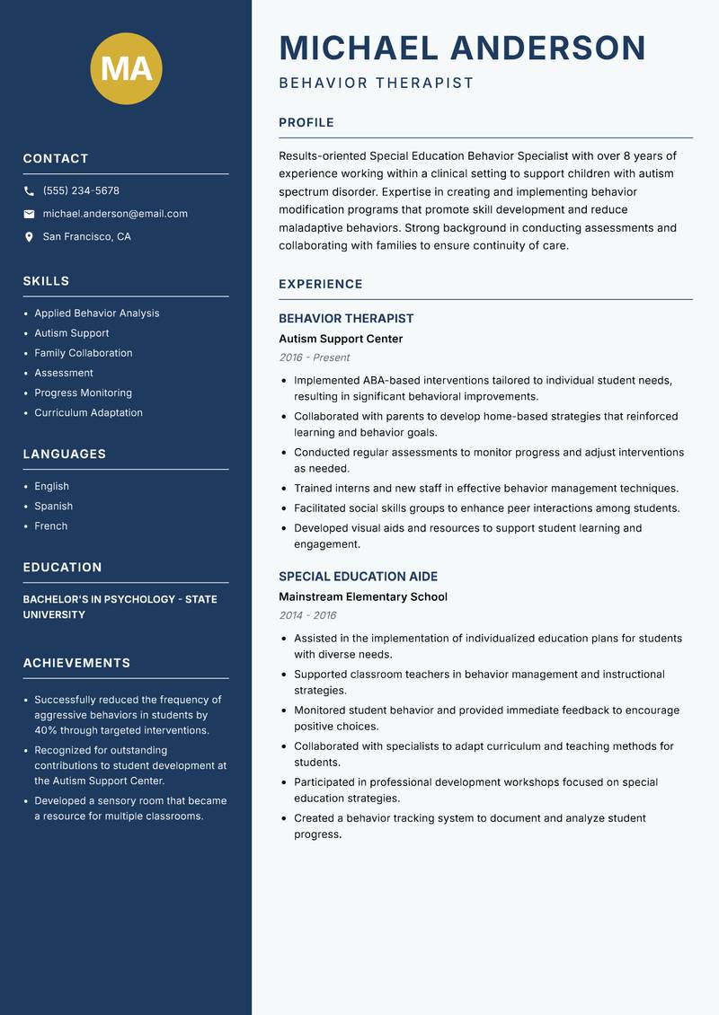 Special Education Behavior Specialist resume template — Classic Clean