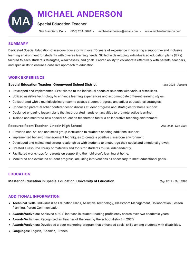 Special Education Classroom Educator resume example — ATS-friendly template