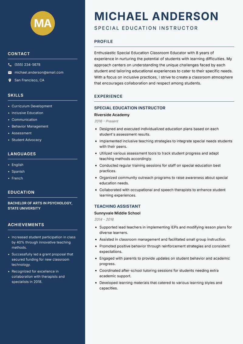 Special Education Classroom Educator resume template — Classic Clean