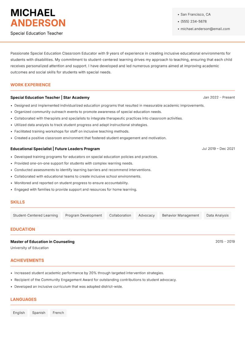 Special Education Classroom Educator resume template — Modern Professional