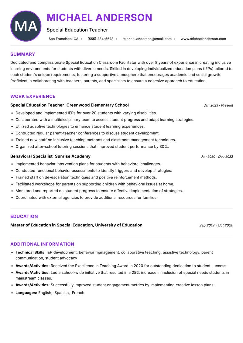 Special Education Classroom Facilitator resume example — ATS-friendly template