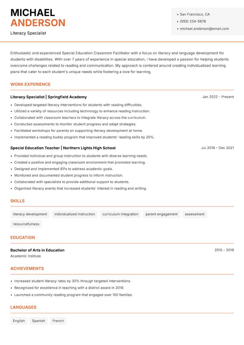 Special Education Classroom Facilitator resume template — Modern Professional
