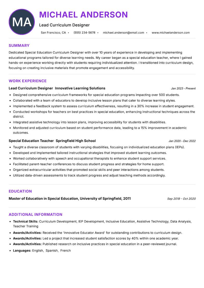 Special Education Curriculum Designer resume example — ATS-friendly template
