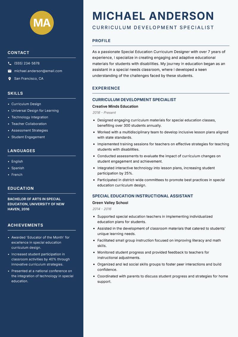Special Education Curriculum Designer resume template — Classic Clean