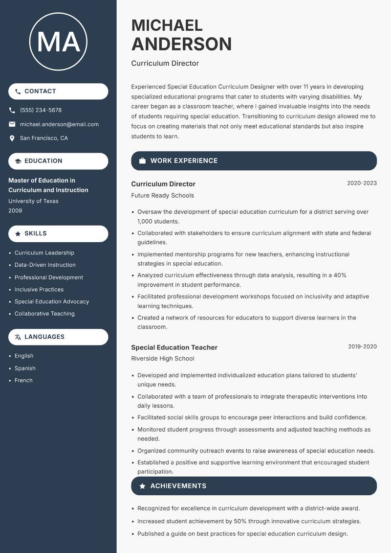 Special Education Curriculum Designer resume template — Compact