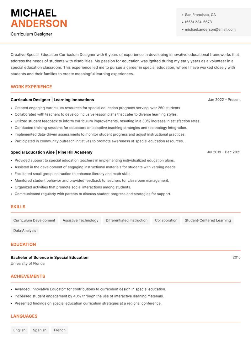 Special Education Curriculum Designer resume template — Modern Professional