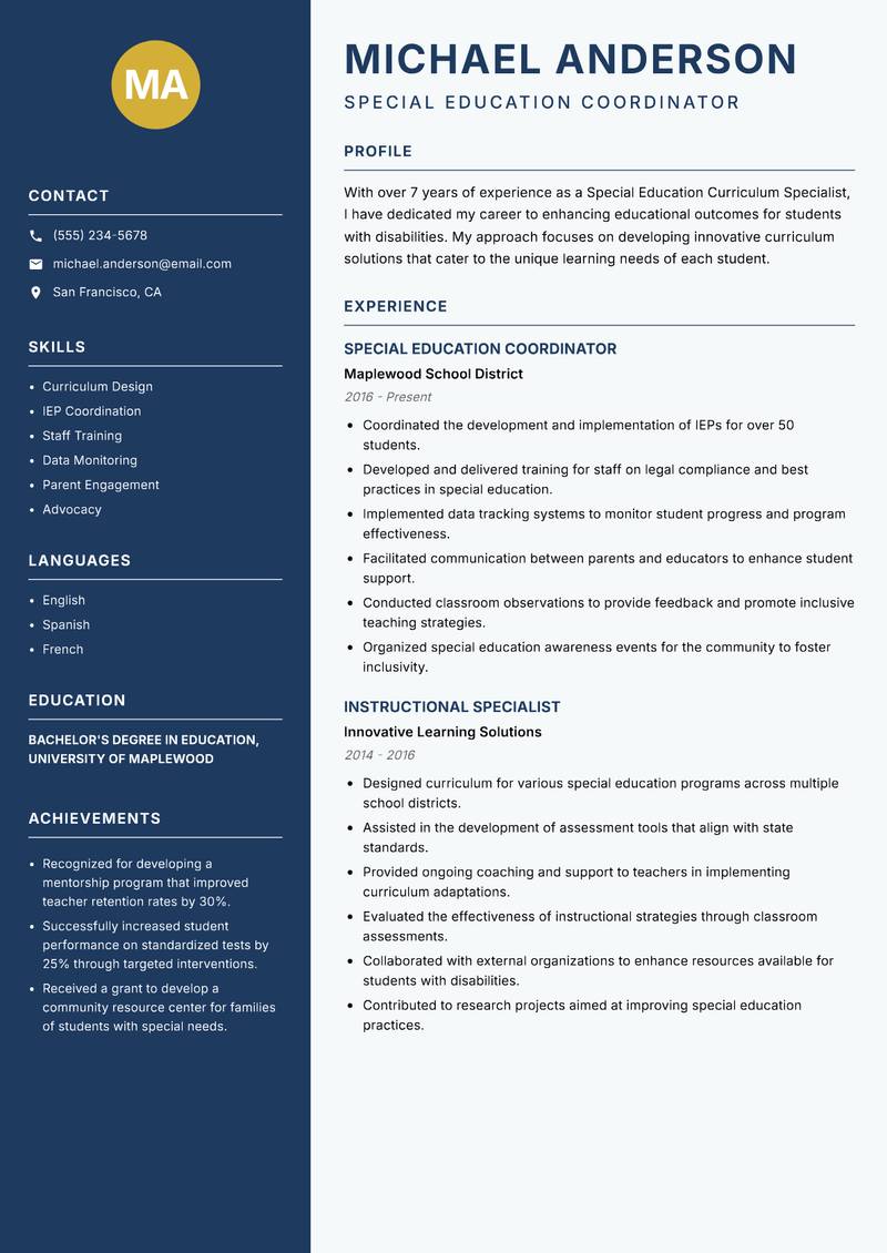 Special Education Curriculum Specialist resume template — Classic Clean