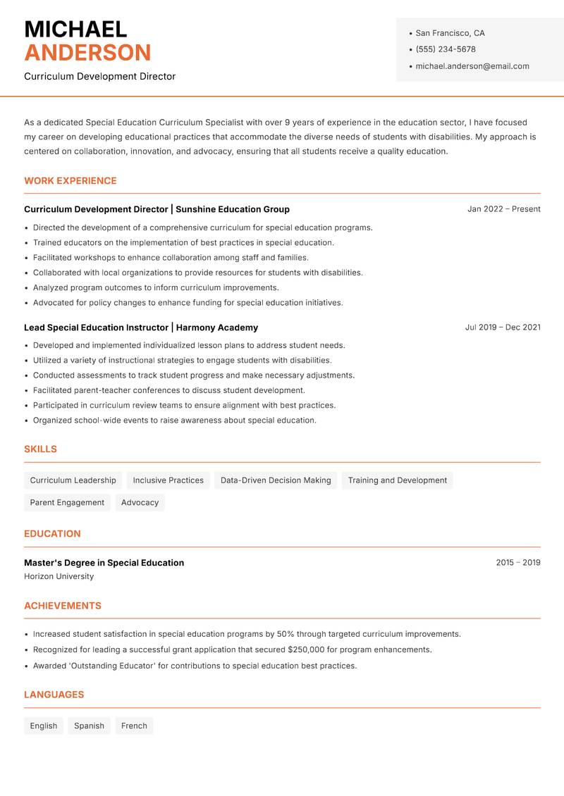 Special Education Curriculum Specialist resume template — Modern Professional
