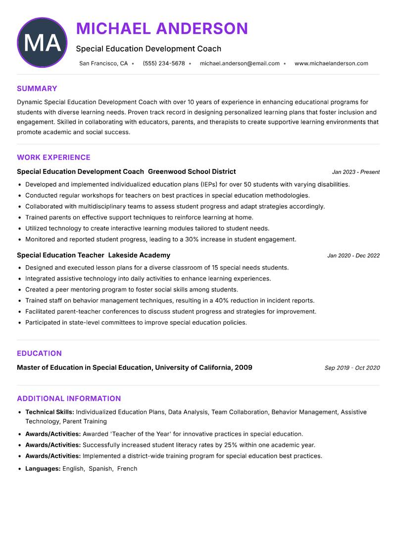 Special Education Development Coach resume example — ATS-friendly template