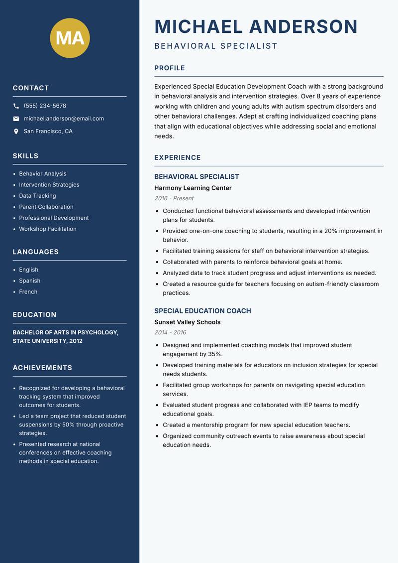 Special Education Development Coach resume template — Classic Clean