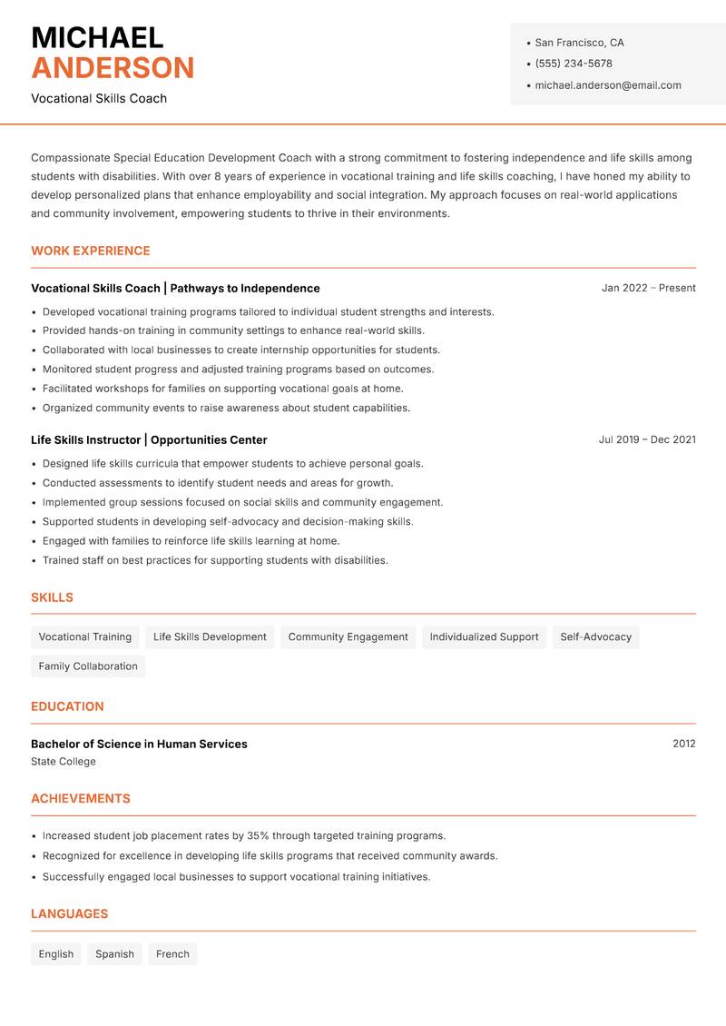 Special Education Development Coach resume template — Modern Professional