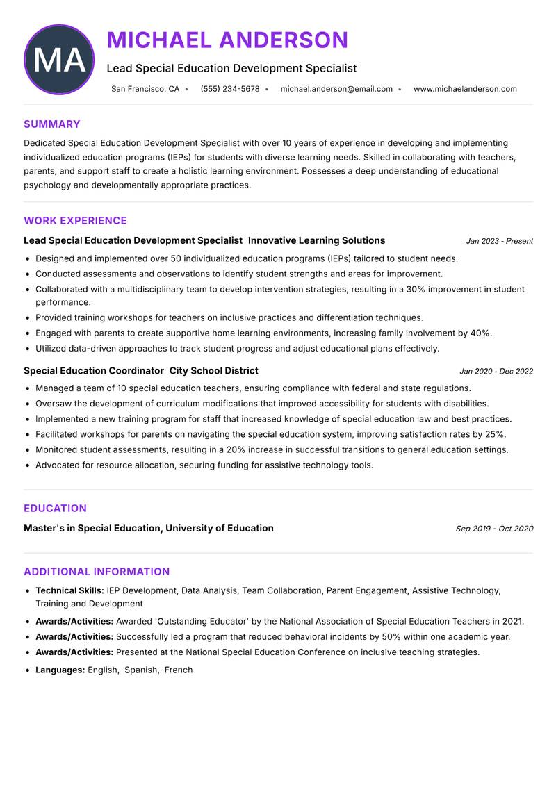 Special Education Development Specialist resume example — ATS-friendly template
