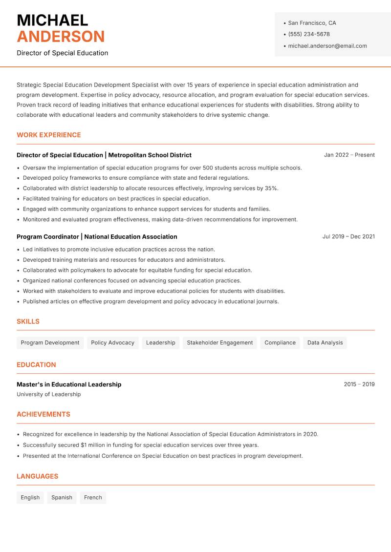 Special Education Development Specialist resume template — Modern Professional