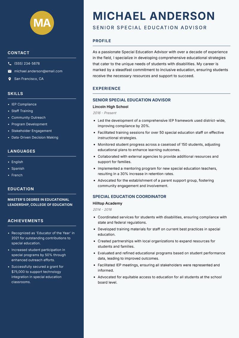 Special Education Education Advisor resume template — Classic Clean