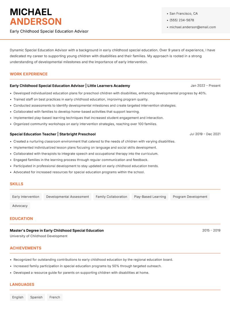 Special Education Education Advisor resume template — Modern Professional