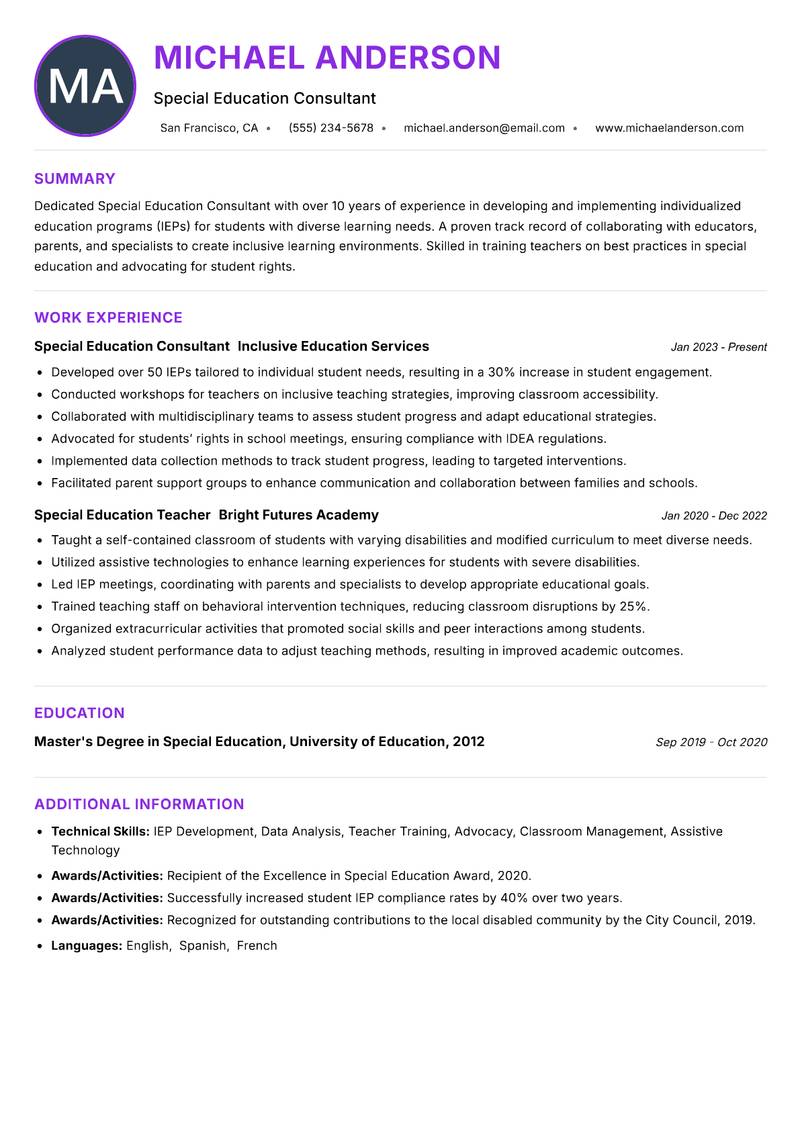 Special Education Education Consultant resume example — ATS-friendly template