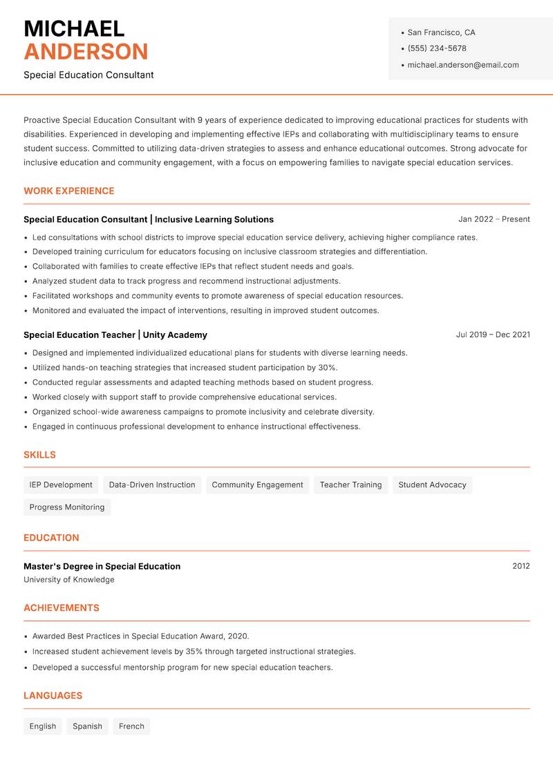 Special Education Education Consultant resume template — Modern Professional