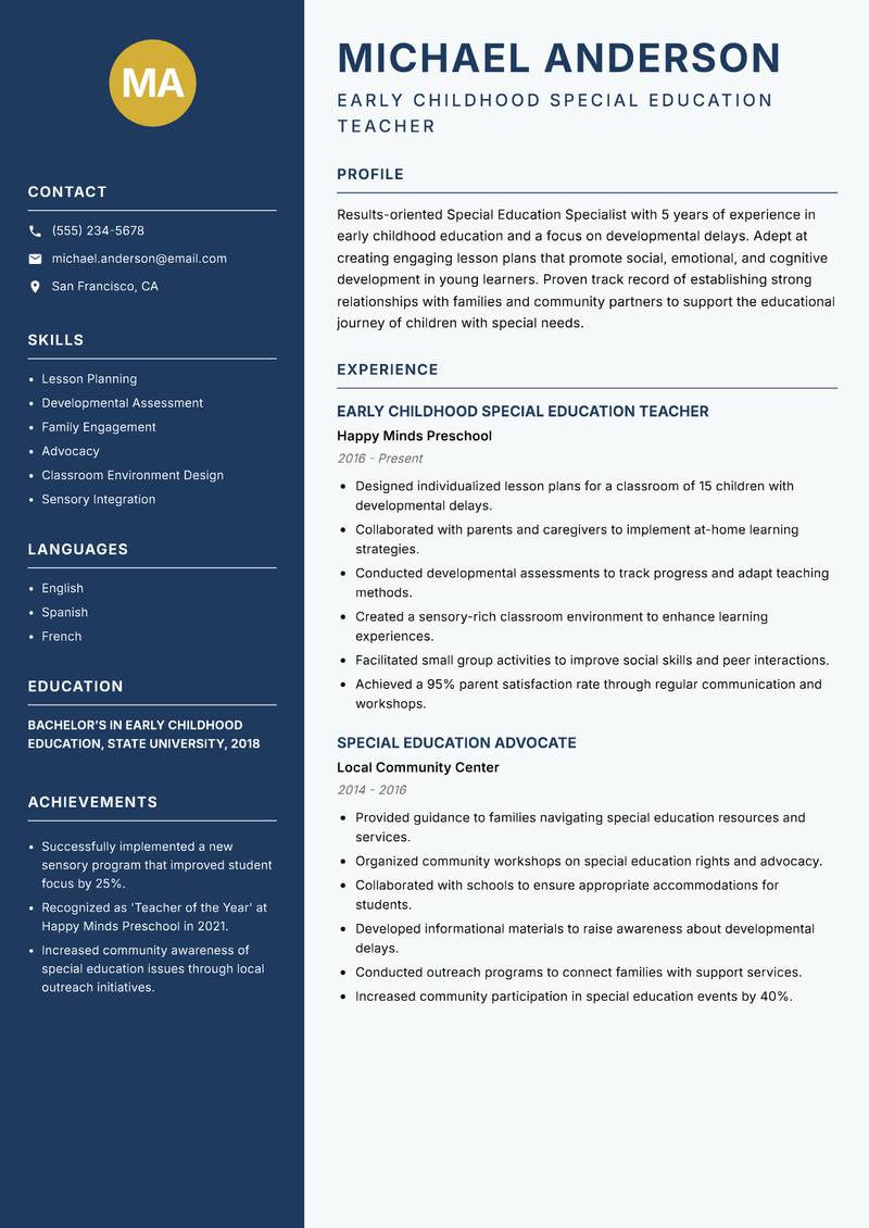 Special Education Education Specialist resume template — Classic Clean
