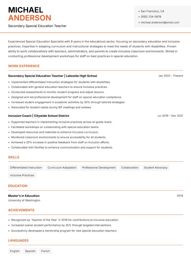 Special Education Education Specialist resume template — Modern Professional