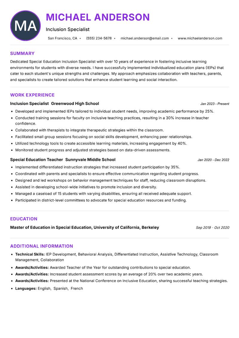 Special Education Inclusion Specialist resume example — ATS-friendly template