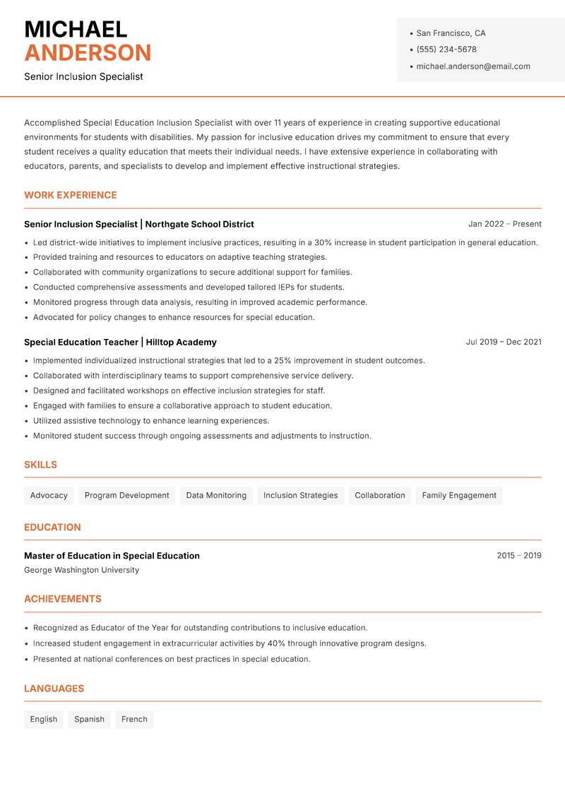 Special Education Inclusion Specialist resume template — Modern Professional