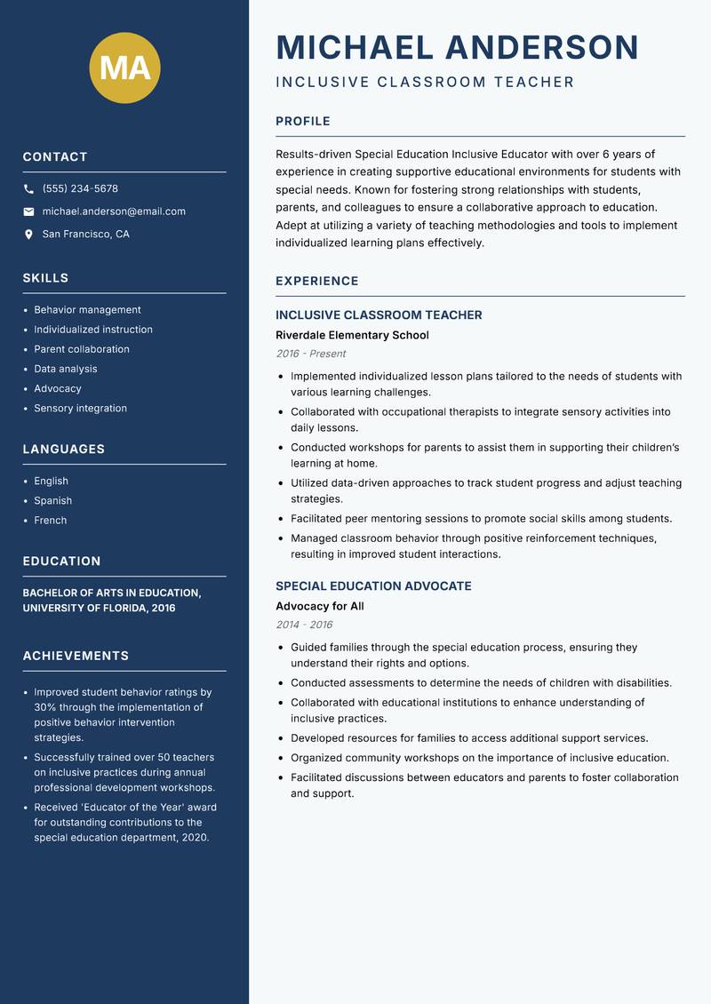 Special Education Inclusive Educator resume template — Classic Clean